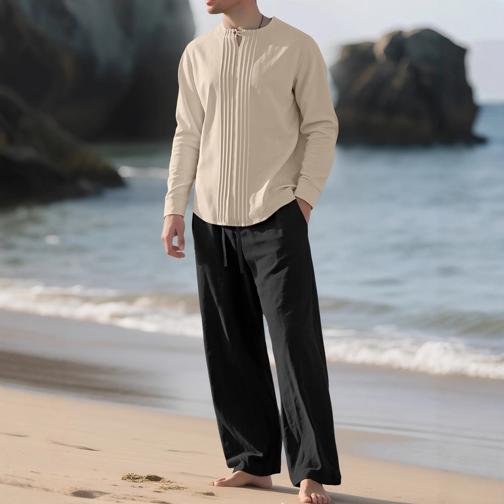 Spring and autumn cotton and linen long-sleeved shirt casual sports stand-up collar cotton and linen solid-color shirt men's set