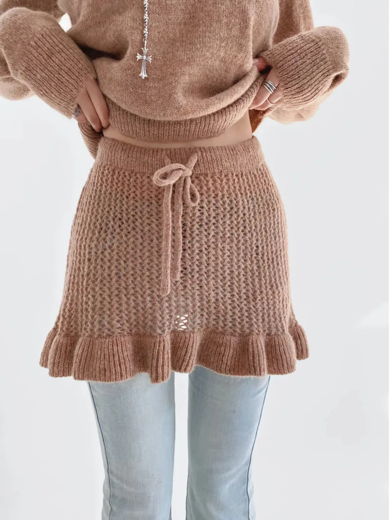 Girl Sexy High Spicy Waisted Knitted Pleated Skirt Women 2024 Autumn/winter New Lace Up Wrap Hip Slim Knitted Short Skirt F4A0