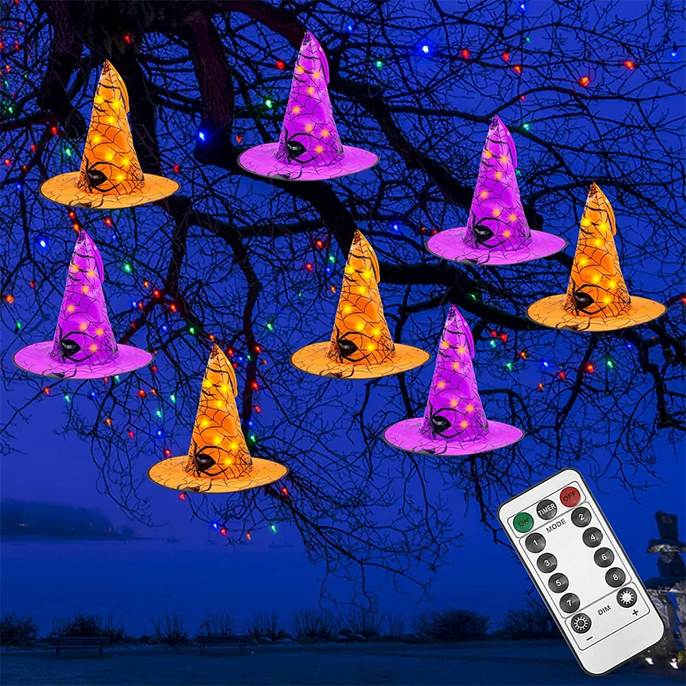 

8PCS Halloween Decorations Witch Hat Light Tree Hanging Ornament Witch Hat Light with Remote Glowing Hat Halloween Party Decor