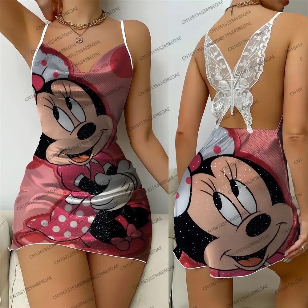 Women's Disney Cartoon Print 2025 Summer Short Skirt Elegant Suspender Sleepwear Sexy Backless Sleeveless Crew Neck Lace Dress