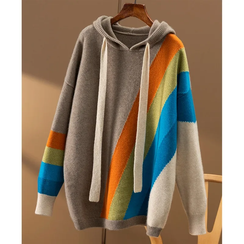 

Autumn/Winter 2023 new rainbow inlaid loose and thick hooded 100% pure cashmere sweater women's hoodie long sleeve