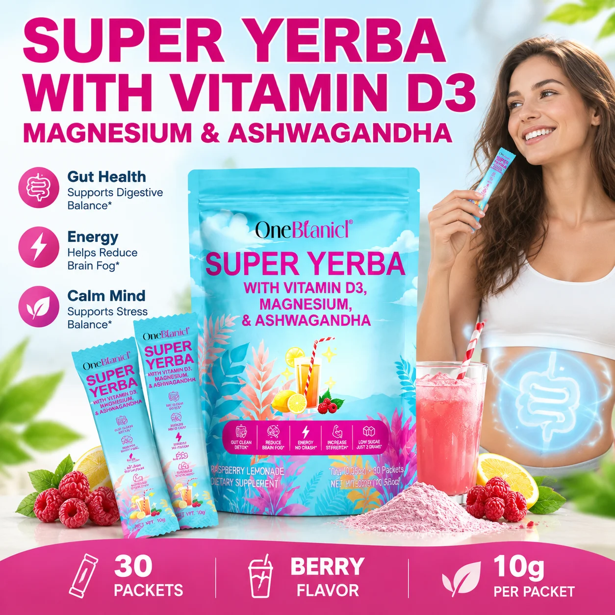 OneBlanicl Super Yerba Powder Reduce Stress Promote Digestion Resist Fatigue with Vitamin D3 and Magnesium Low Sugar 30 Packets