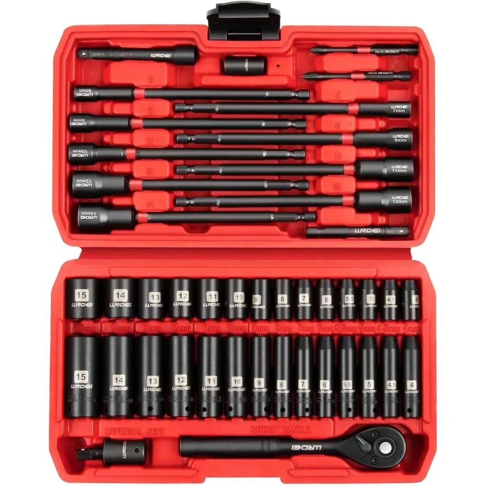 

LLNDEI 1/4" Drive Socket Set & Nut Driver Set 44PCS, 1/4-Inch Sockets Deep&Shallow Metric(4-15mm) with Ratchet, 1/4" Hex Shank