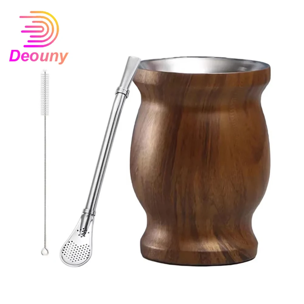 

DEOUNY 8OZ Yerba Mate Tea Cup Natural Gourd Stainless Steel Double Wall Traditional Mate Cup with Bombilla and Cleaning Brush