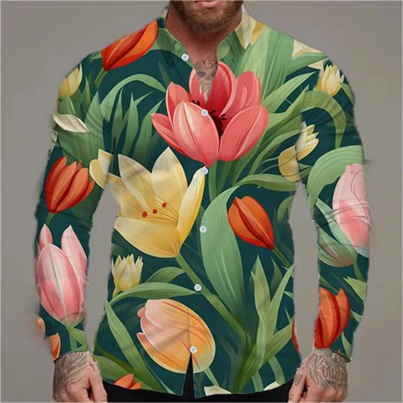 2024 Hawaii Pattern Long Sleeve Shirt For Men Clothing Flower Print Casual Street Camisa Holiday Male Shirts Tops Blouse Summer