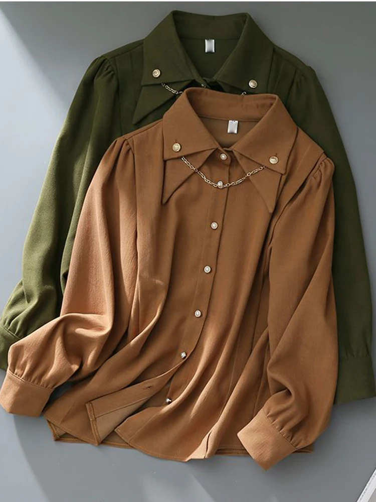 

Corduroy Vintage Women Shirts Fall Winter Thicken Solid Chain Patchwork Blouse Office Lady Elegant Double Layer Collar Tops New