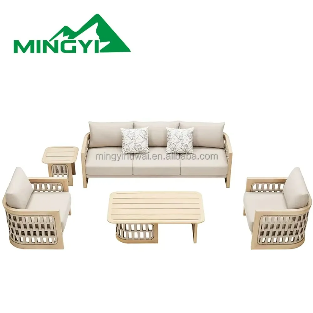 الفاخرة في الهواء الطلق فناء حديقة طقم أريكة فندق حديقة شرفة خشب الساج الطبيعي مزيج أريكة من حبال الربط ووسادة