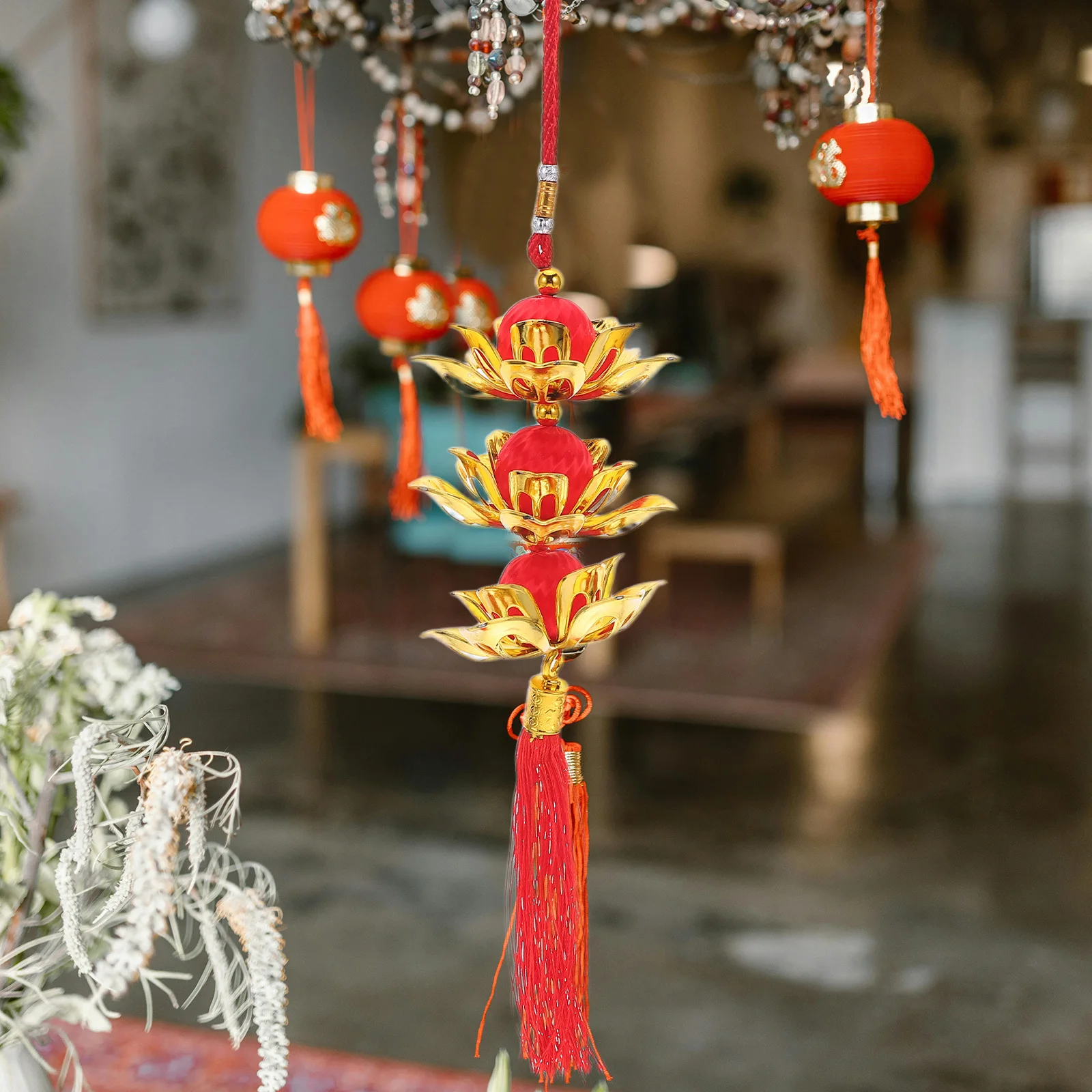 فانوس اللوتس ذو شرابة حمراء متطورة 3-Lotus نمط زينة السنة الجديدة سهلة التعليق قلادة احتفالية زخرفة السنة الجديدة #3