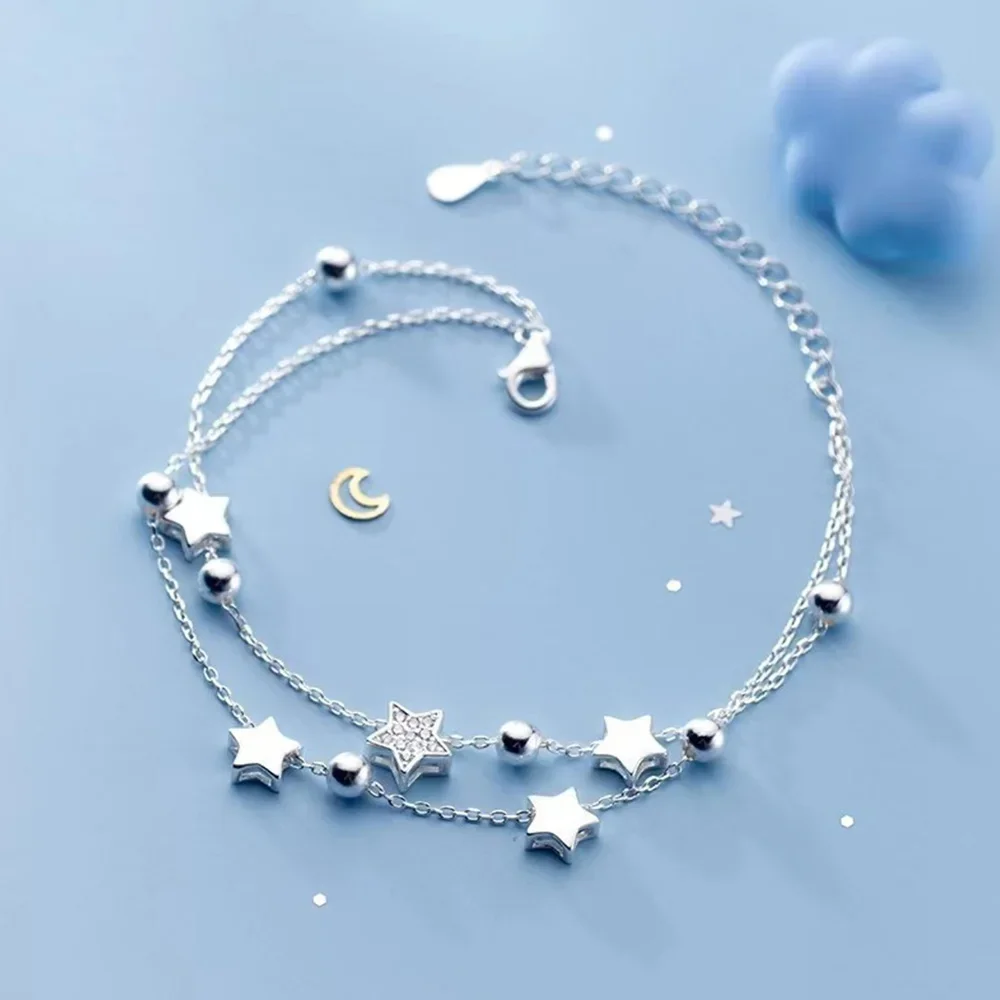 925 Stamp Silver Color Star Bracelet Fashion Korean Five-pointed Stars Crystal Double Bracelet Dropshipping Wholesale