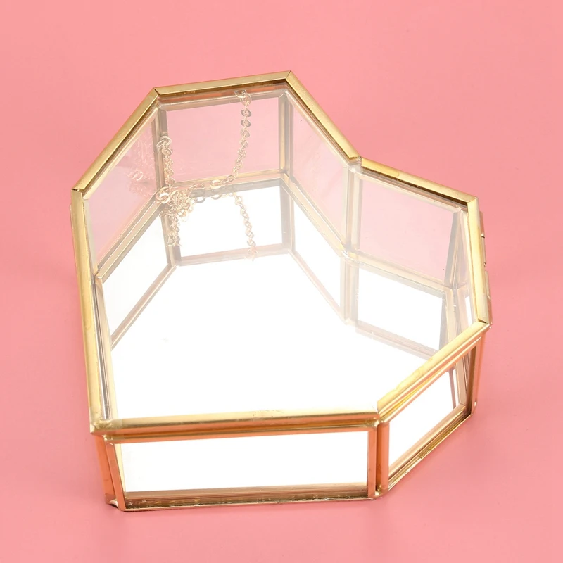 A74E-Flip Love Heart Shaped Geometric Glass Jewelry Box Glass Ring Box Exquisite Unique Wedding Jewelry Box Ring For Wedding Dec