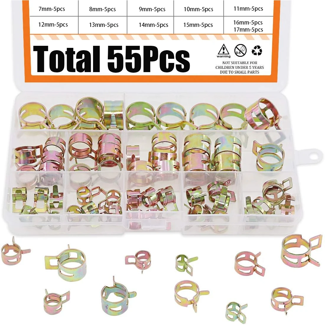 

55Pcs 7-17mm 11 Sizes Manganese Steel Spring Driven Hose Clamp Low Pressure Air Clamp Fastener Sorting Kit For Pipes Automobiles