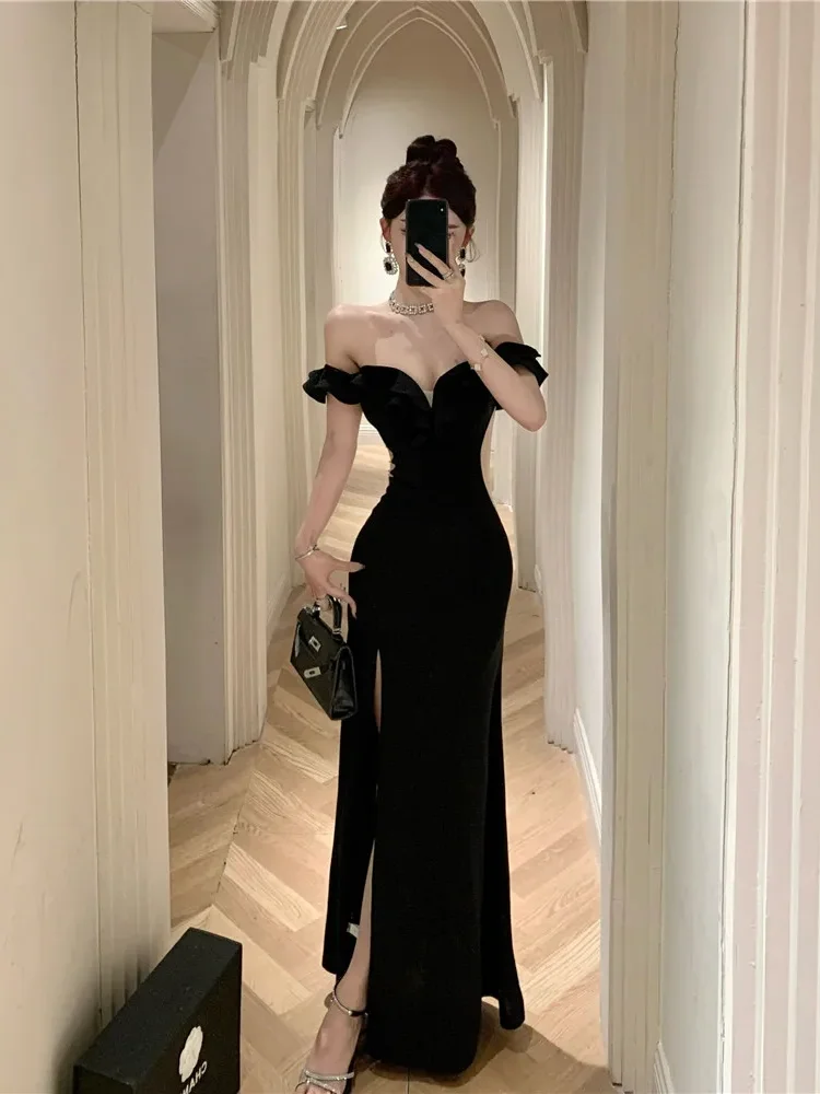 Ruffled One Shoulder Strapless Evening Dress Women 2024 Spring Summer Elegant High Waist Slim Wrapped Slit Long Dresses