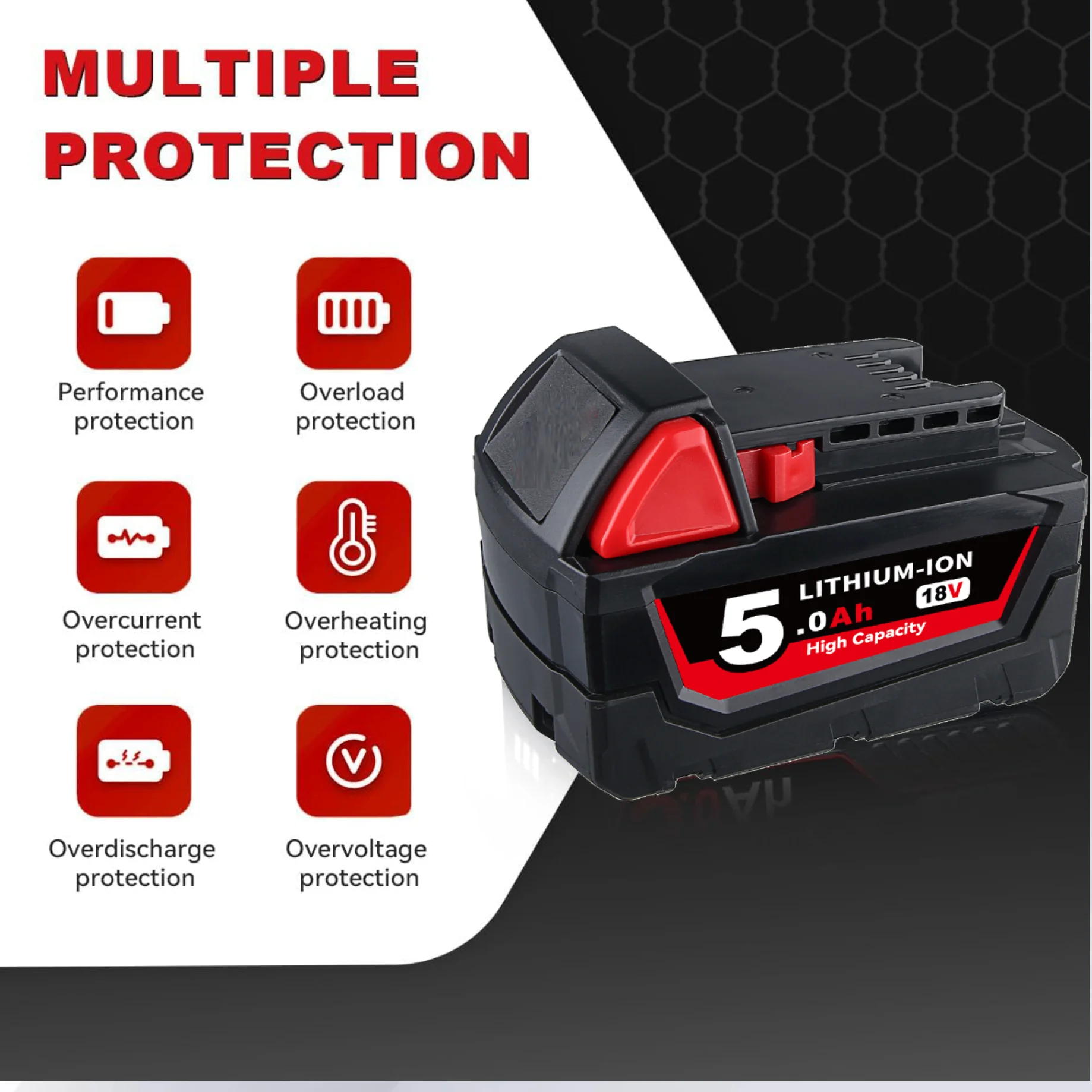 Baterie VINIDA M18 5.0Ah Náhrada za akumulátorové elektrické nářadí Milwaukee M-18 Lithium-iontová baterie Pin - náhled 4