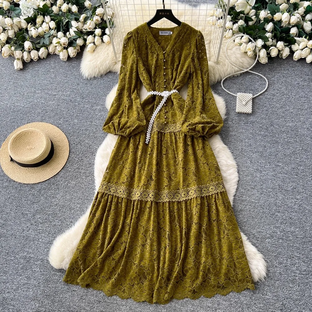French Elegant Lace Embroidery Hollow Out Women Dress Female V-Neck Single Breasted Pearl Buttons Maxi Dress 2025 Spring Fashion