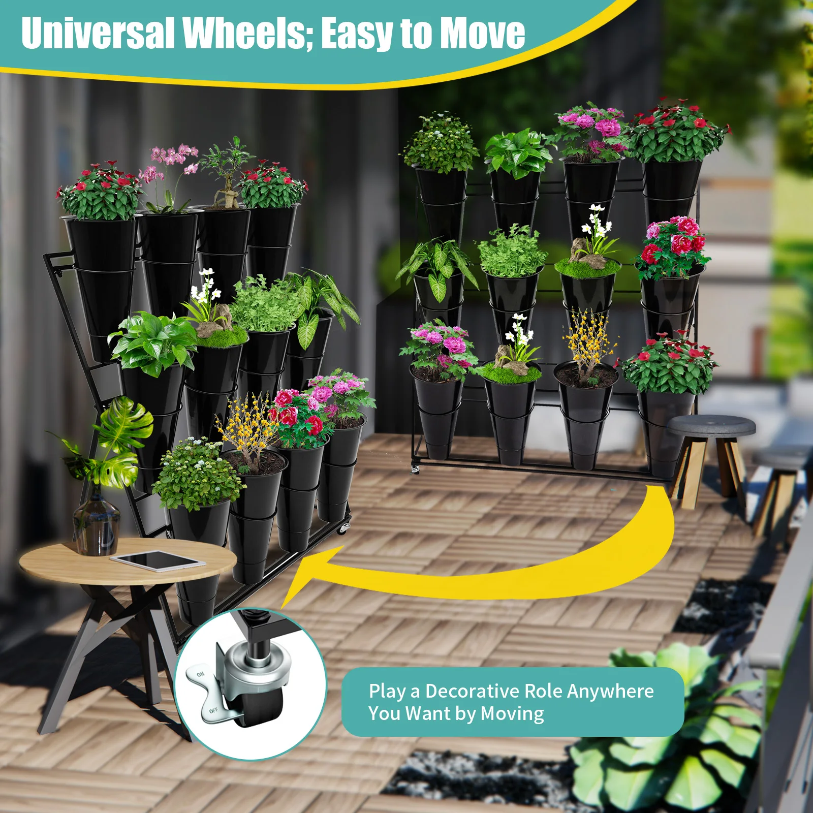 Plant Stand With Wheels Outdoor Indoor Flowers Plants Display Shelf + 12 Buckets Garden 3 Tier Metal Flower Stand Triangular