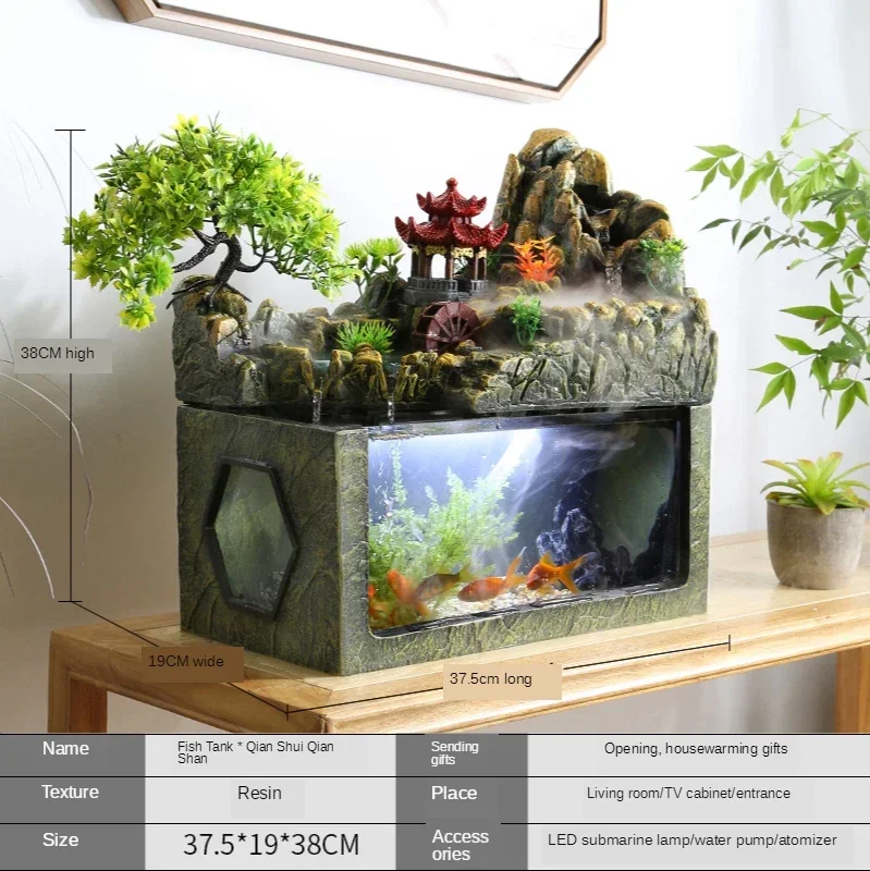 Creative Desktop Fish Tank Water Flow Lucky Fountain Living Room Office Decoration Waterfall Circulating Water Small Rockery