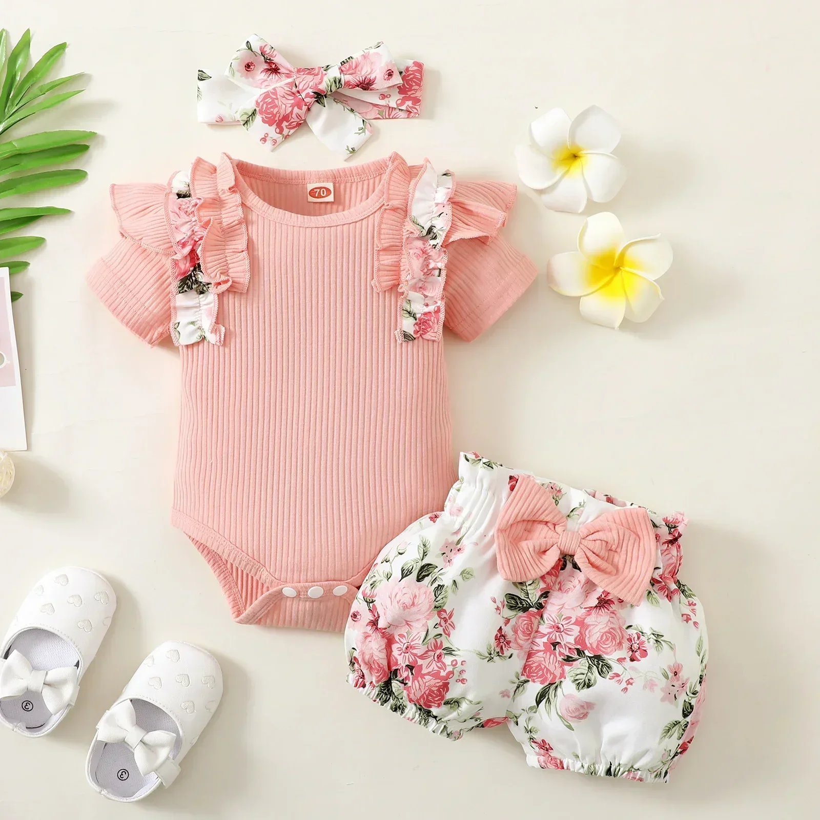 Conjunto de ropa de verano para niña recién nacida, Pelele de manga corta con volantes, Tops, pantalones cortos con estampado Floral, diadema,