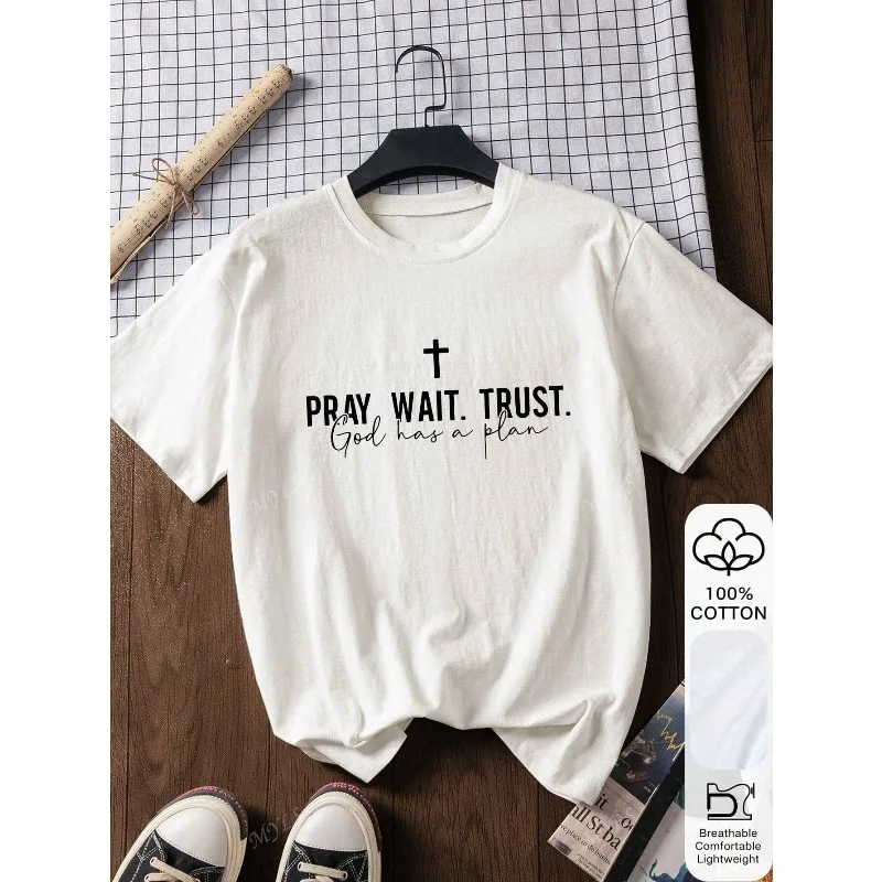 Summer Women's Loose T-shirt Pray Wait Trust Lettering Printed Cotton White Casual Fashion Women's Round Neck Top T-shirt