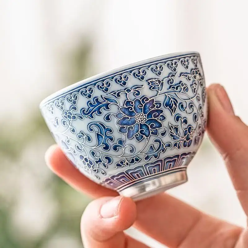 50ML Hand Painted 999 Silver Twisted Lotus Tea Cup Household Retro Master Cup Ceramic Kung Fu Tea Set Small Personal Cup TeaCup
