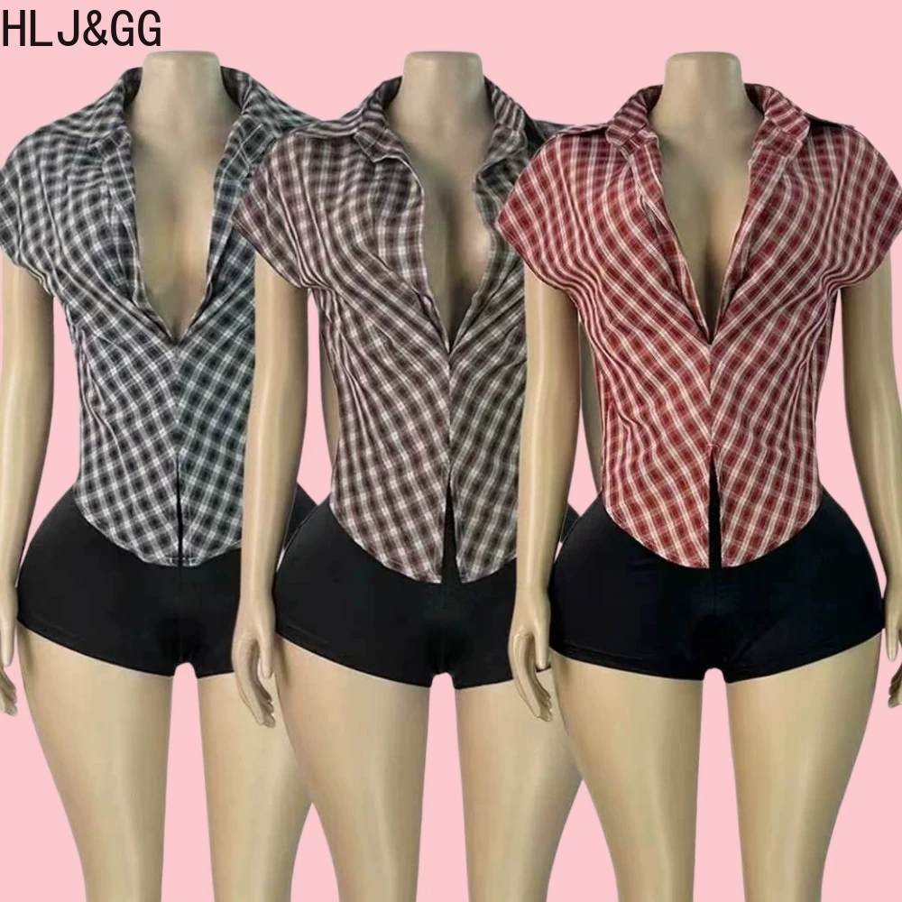 

HLJ&GG Summer New Plaid Print Deep V Tshirts Women Sleeveless Lapel Slim Crop Tops Fashion Female OL Streetwear Clothing 2026