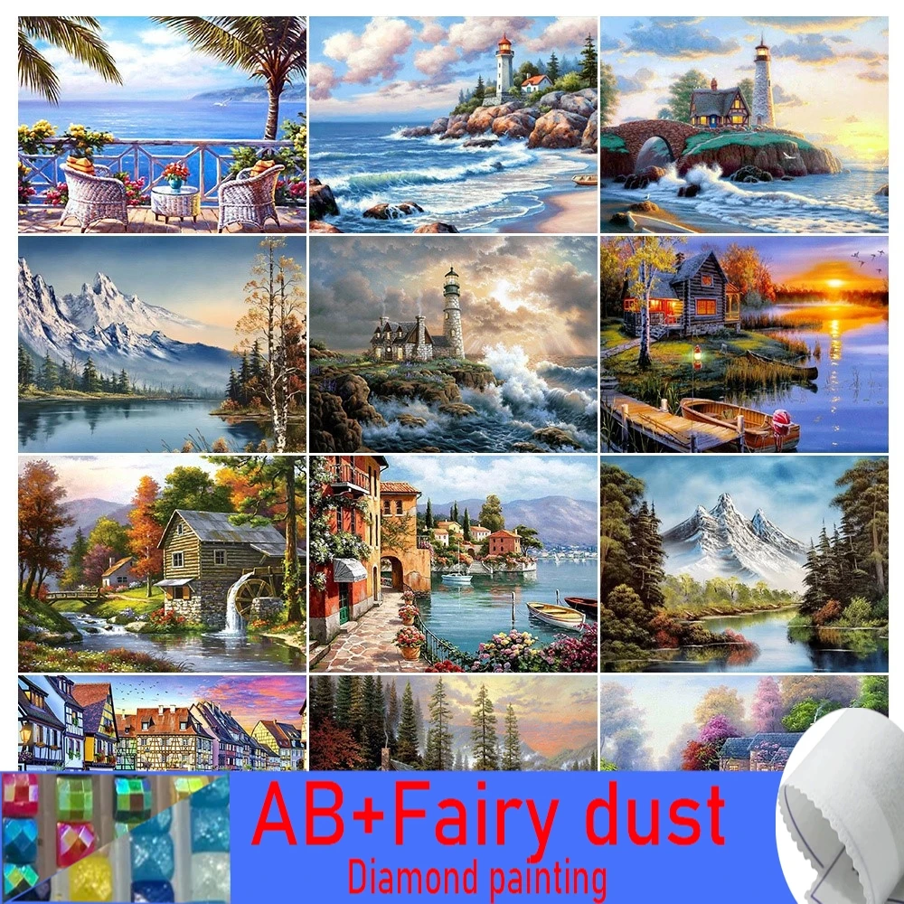 Landscape 5D 120 Colors AB Fairy Dust Diamond Painting Coast Lighthouse Mosaic Kits Seaside Landscape Embroidery DIY Gift