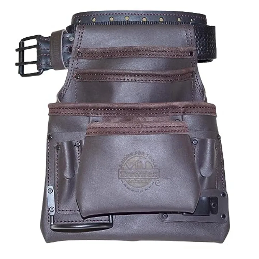 

OS2221 10 Pocket Oil Tanned Leather Nail and Tool Pouch Dark Brown Color with 2" Belt for Constructor/Electrician/Plumber