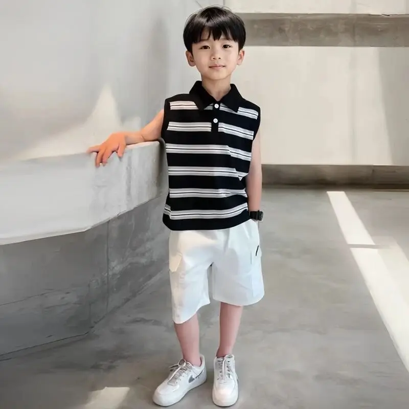 Children's clothing set summer new item boys' sleeveless pure cotton striped vest shorts two-piece set
