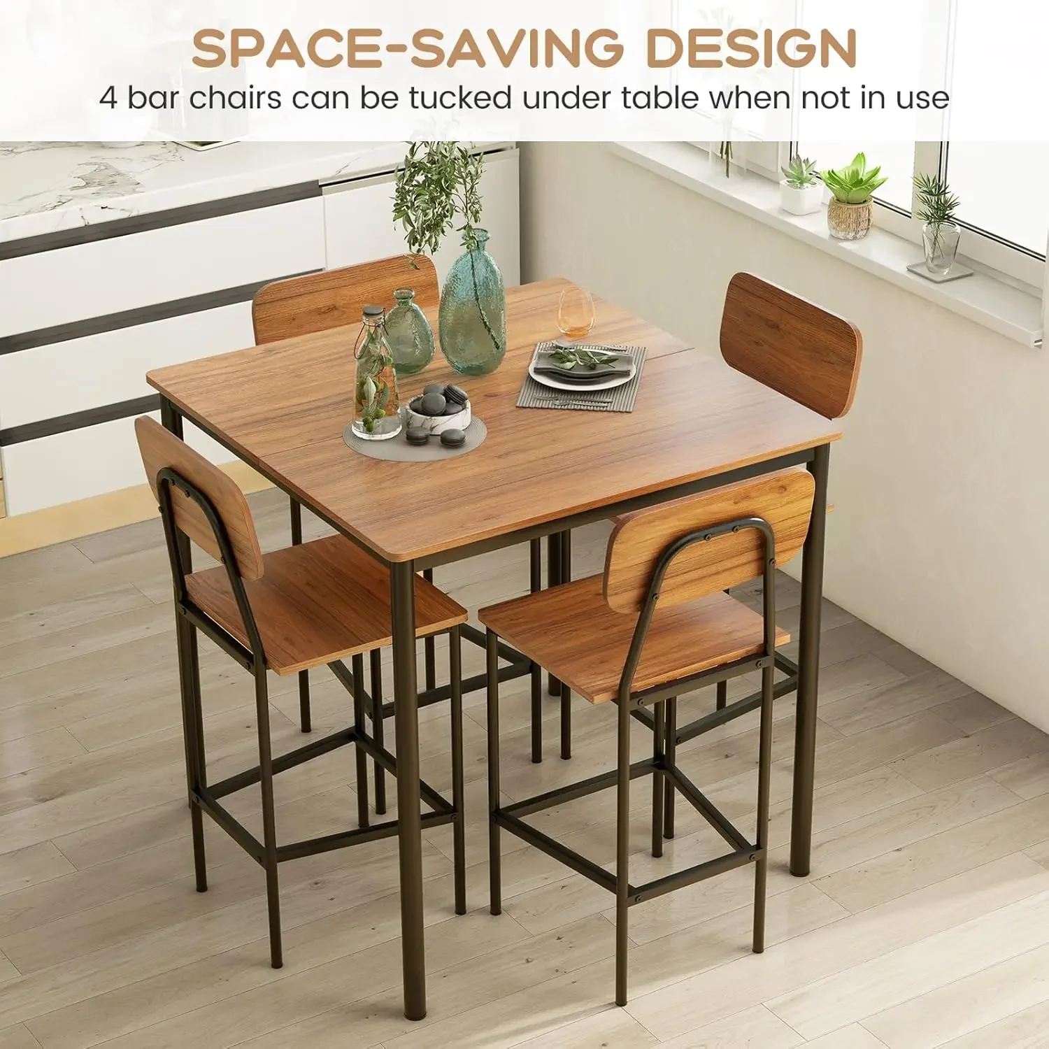 Dining Table Set for Small Space, Kitchen Table and Chairs Set for 4 with Steel Frame, Square Breakfast Table Set, Industrial Co