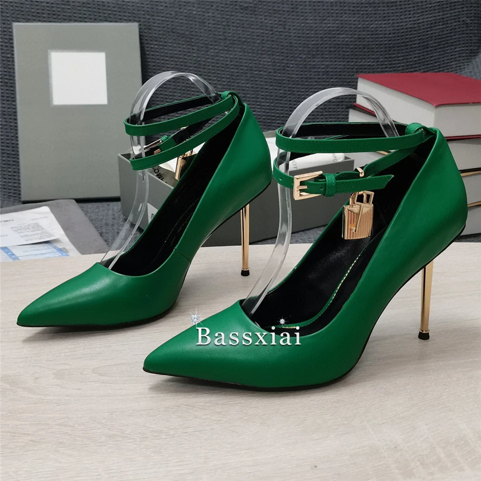 Sharp Metal Thin High Heel Women Pumps Locked Decor Strap Sexy Pointed Toe Genuine Leather Dress Shoes