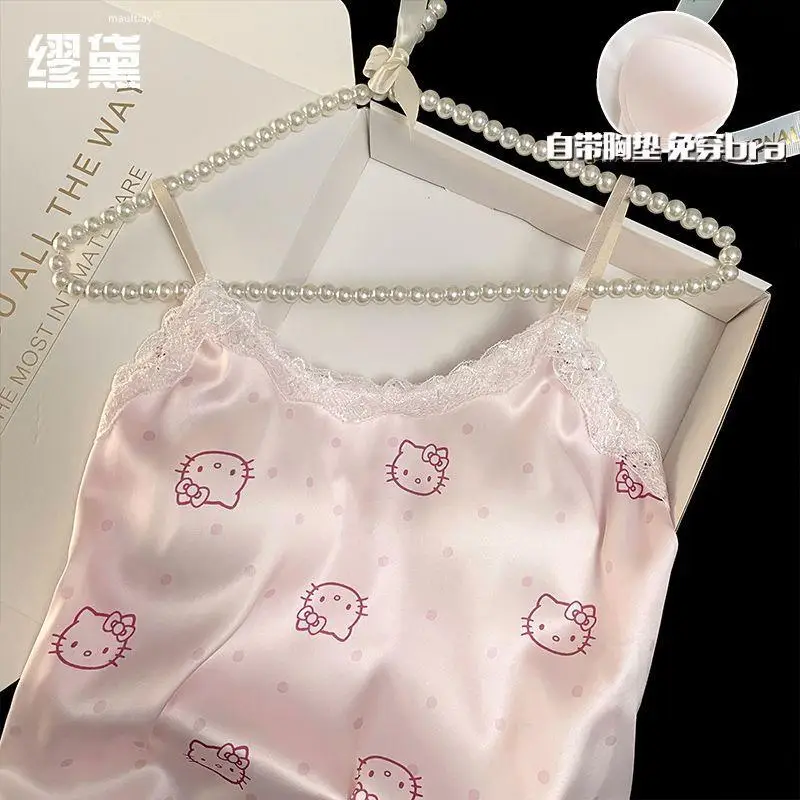 سانريو بيجامة عصرية هالو كيتي تنورة ليلية من الحرير الجليدي مع وسادة صدر بيجامات نسائية صيفية حبال ملابس منزلية مثيرة صيفية #2