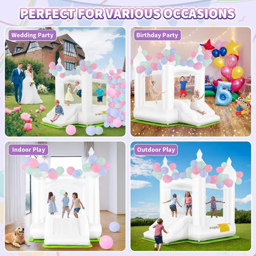 Casa inflable de rebote blanca para celebración, con soplador UL, portátil, Castillo hinchable 3 en 1 de color blanco sonroso para patio trasero interior y exterior