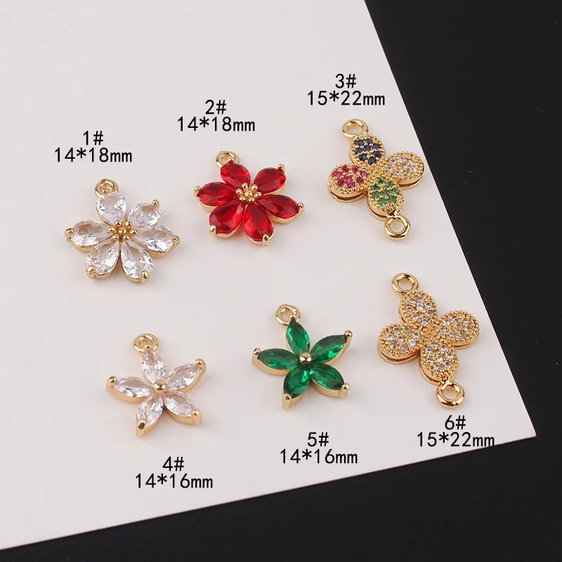 6pcs Copper Plated Gold Inset Zircon Six-petal Flower Clover Double Pendant Earrings Necklace Bracelet Diy Accessories Charms