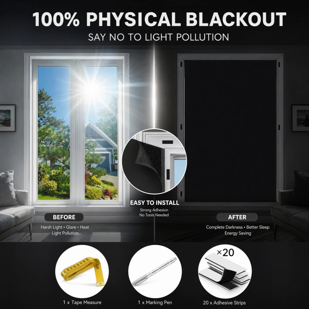 Blackout Blinds Stick On Temporary 1/1.5/2/3/4M No Drilling Black Out Blinds for Windows Portable Blackout Curtains for Bedroom