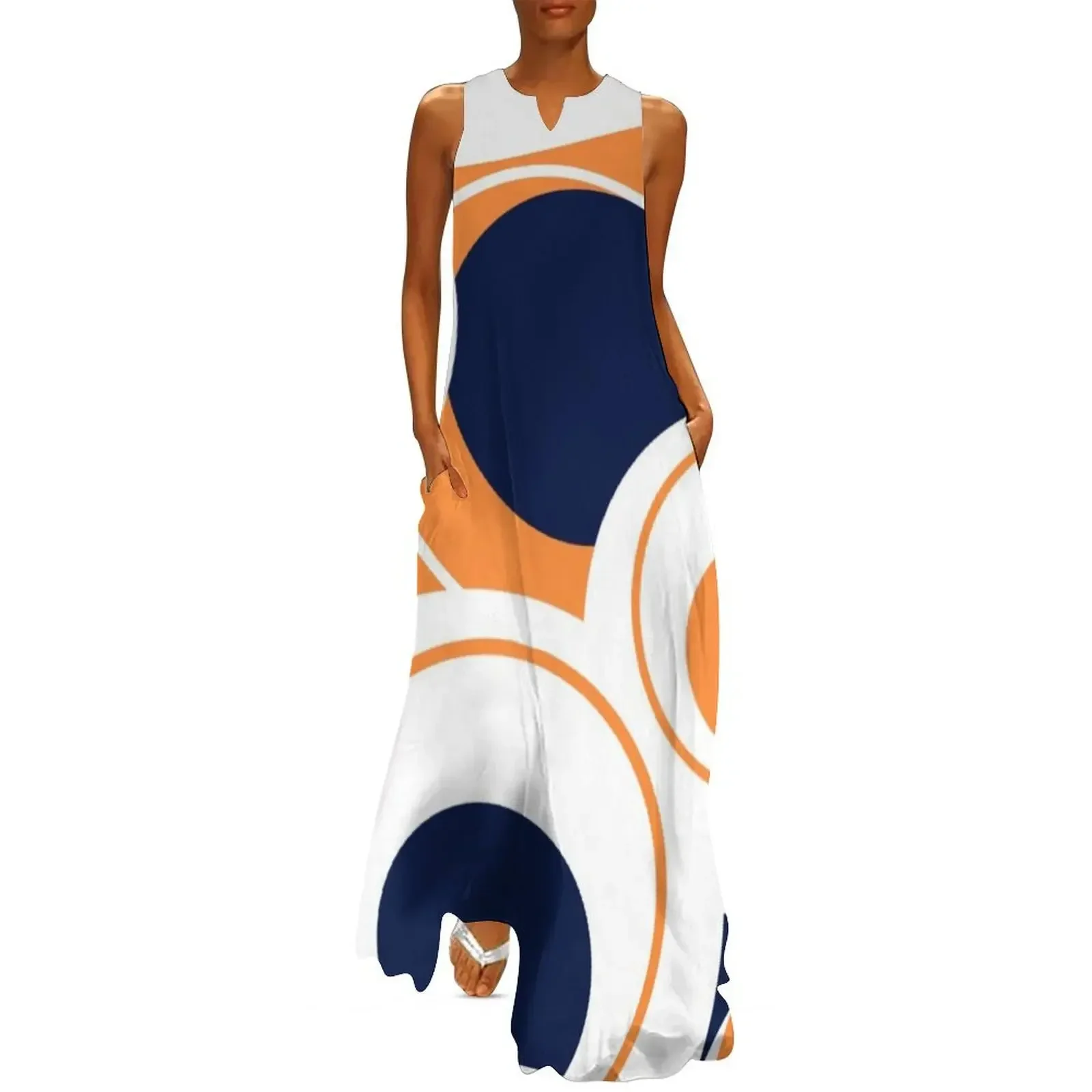 

Navy, orange and white abstract circle design Long Dress Women's long dress summer dress woman 2025 woman