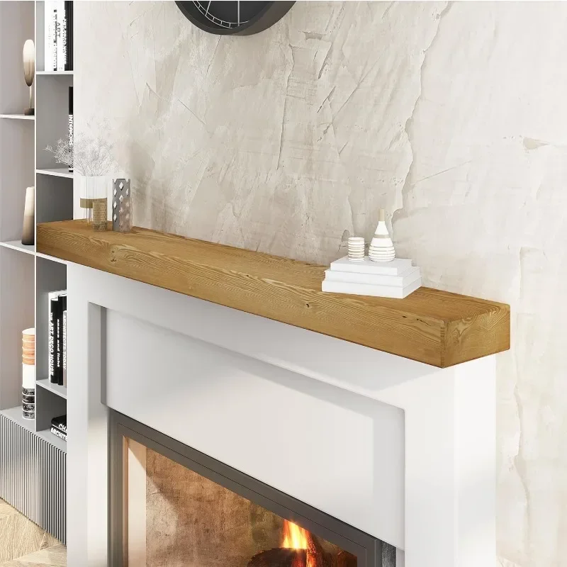 

Fireplace Mantel Solid Rustic Wood Wall Mounted Floating Farmhouse Shelf with Invisible Heavy Duty Metal Bracket