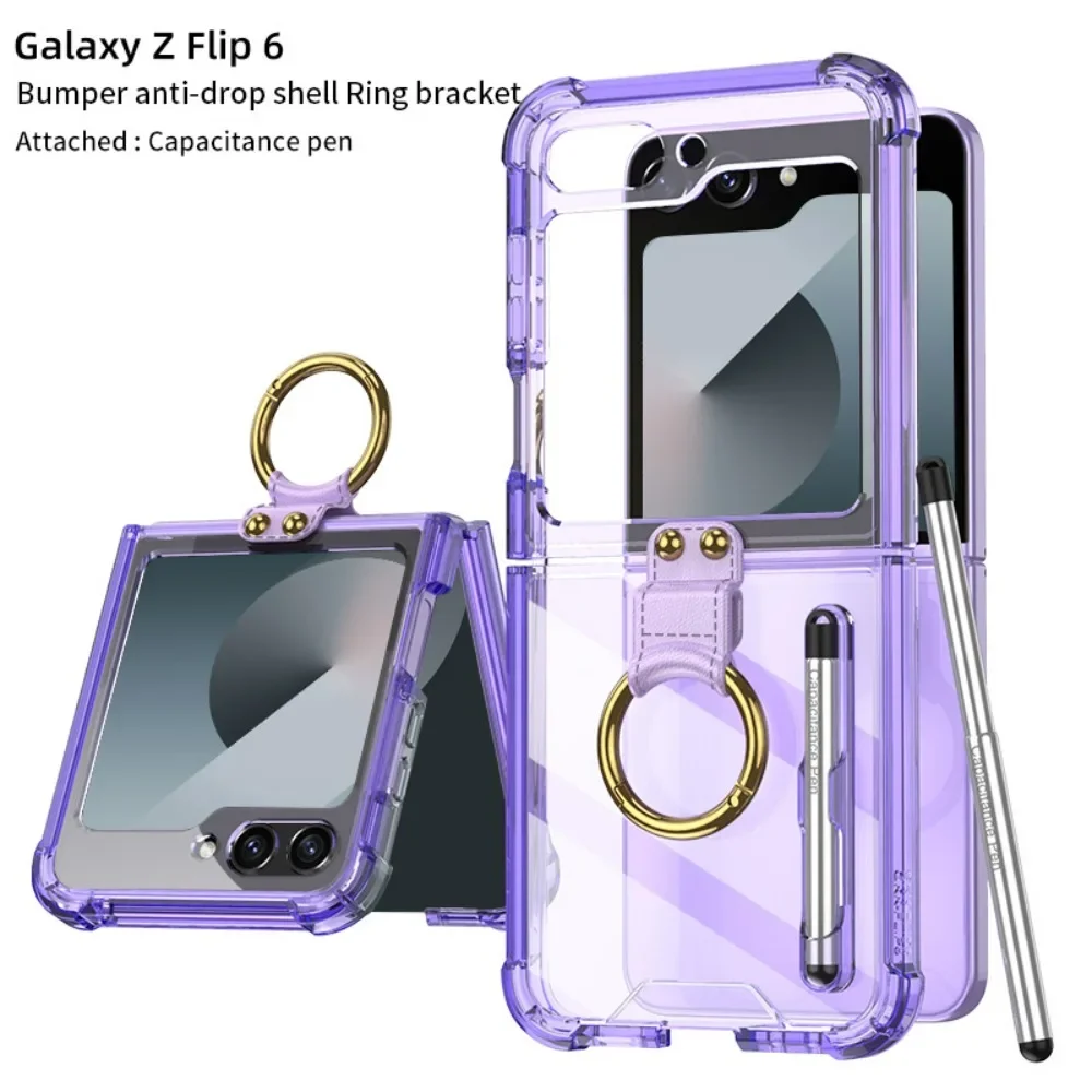 Transparent Four Corner Shockproof Ring Bracket Case For Samsung Galaxy Z Flip 6 With Touch Pen Protection Hard Cover Accessory