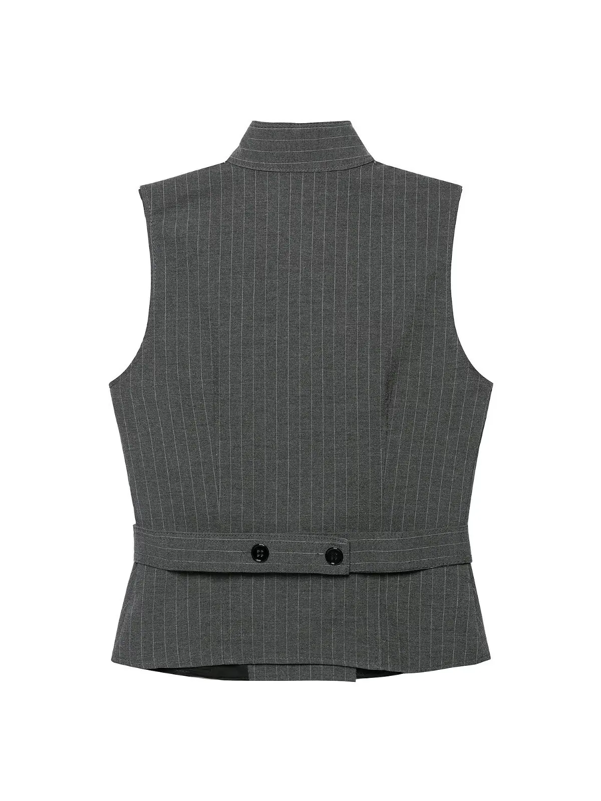 Women's Fashionable Stripe Pattern Sleeveless Vest with Buckle Strap Stand Collar Poly Fiber Regular Length Outerwear