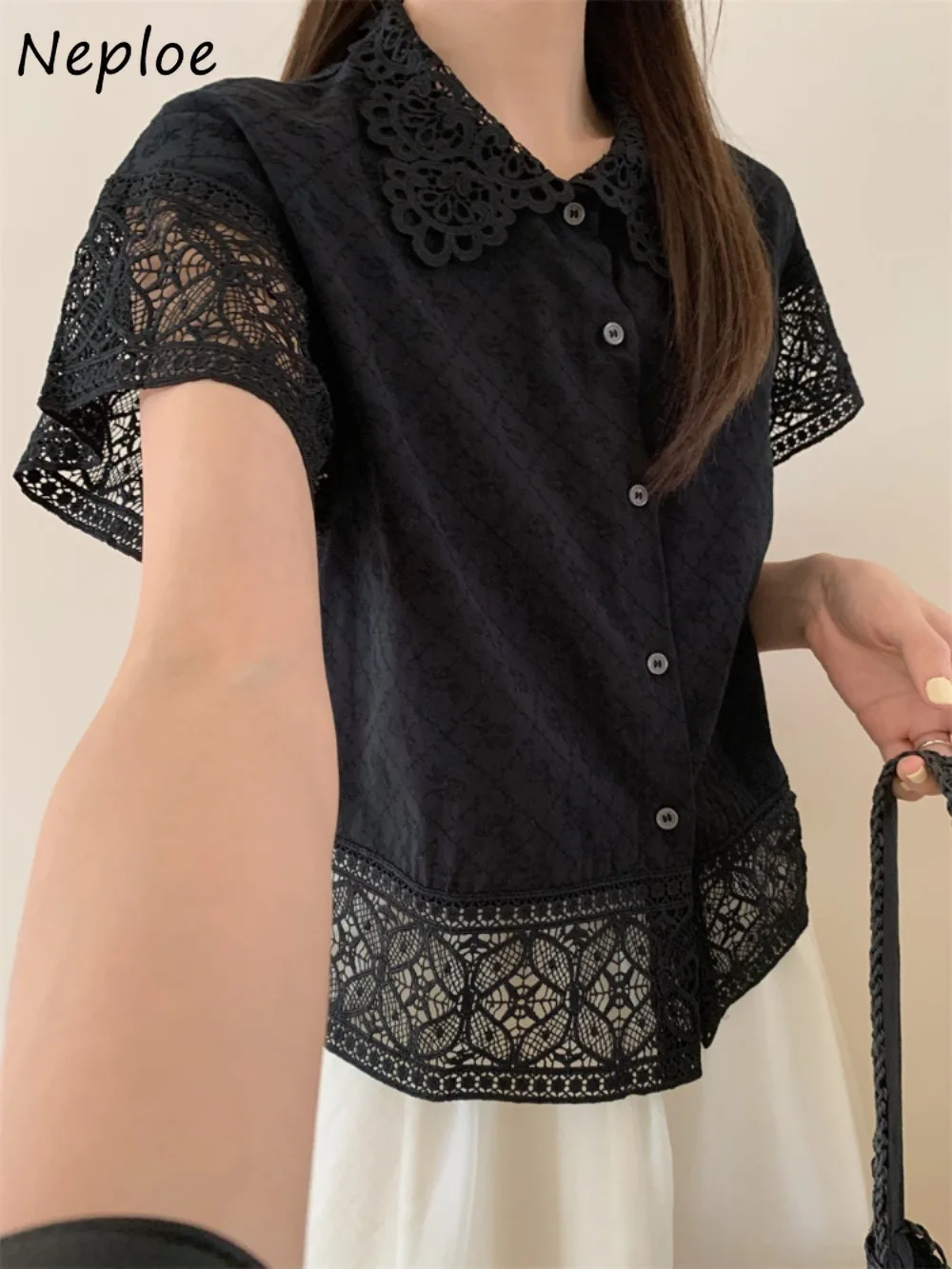

Neploe Fresh Sweet Minority Уникальный кружевной укороченный топ с цветочным принтом в стиле пэчворк, универсальные корейские шикарные рубашки, элегантные нежные блузки