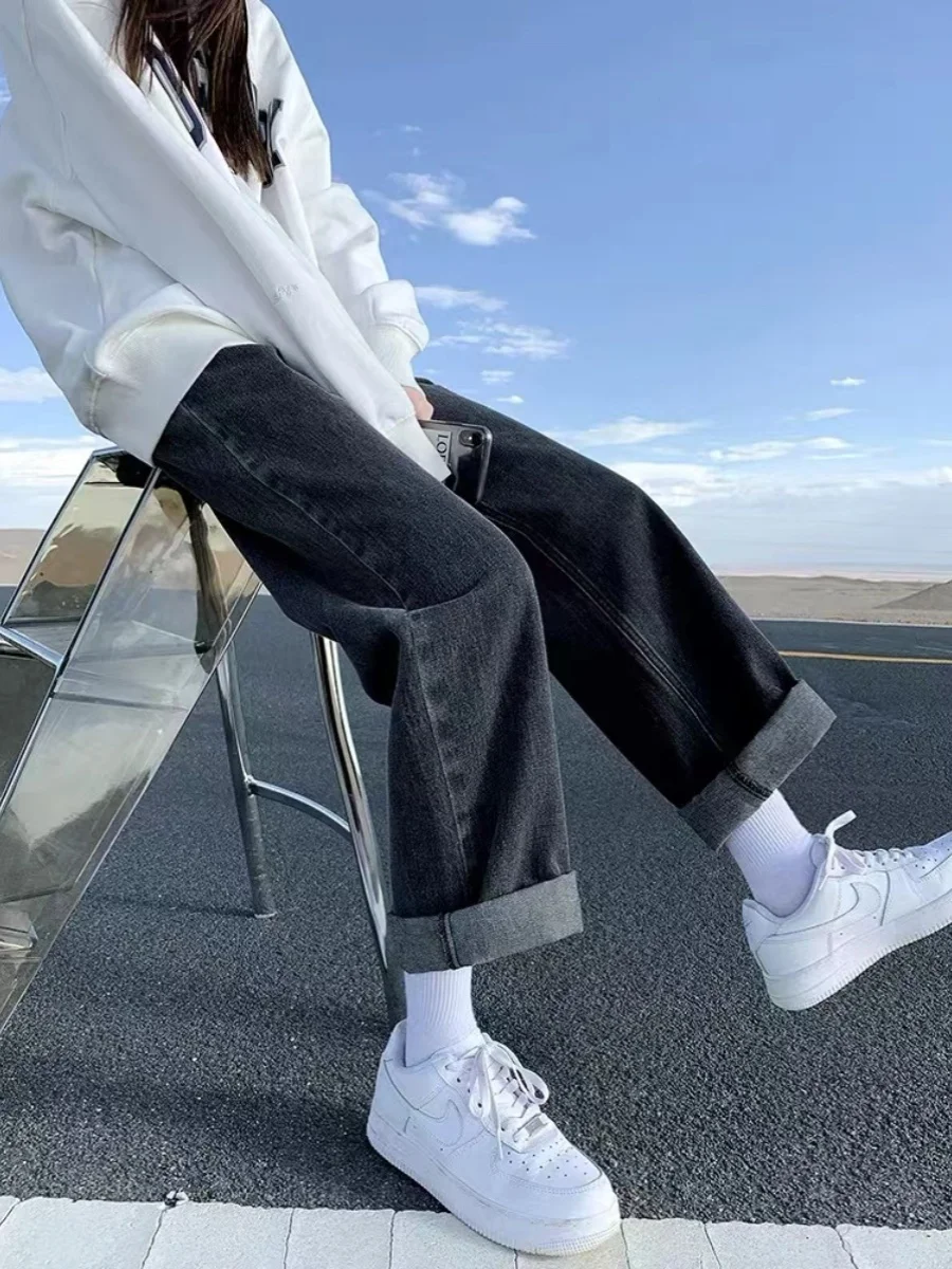 High Waist Wide Leg Denim Jeans Women's Spring Autumn Vintage Student Small Size Loose Versatile Slimming Straight Cut Pants