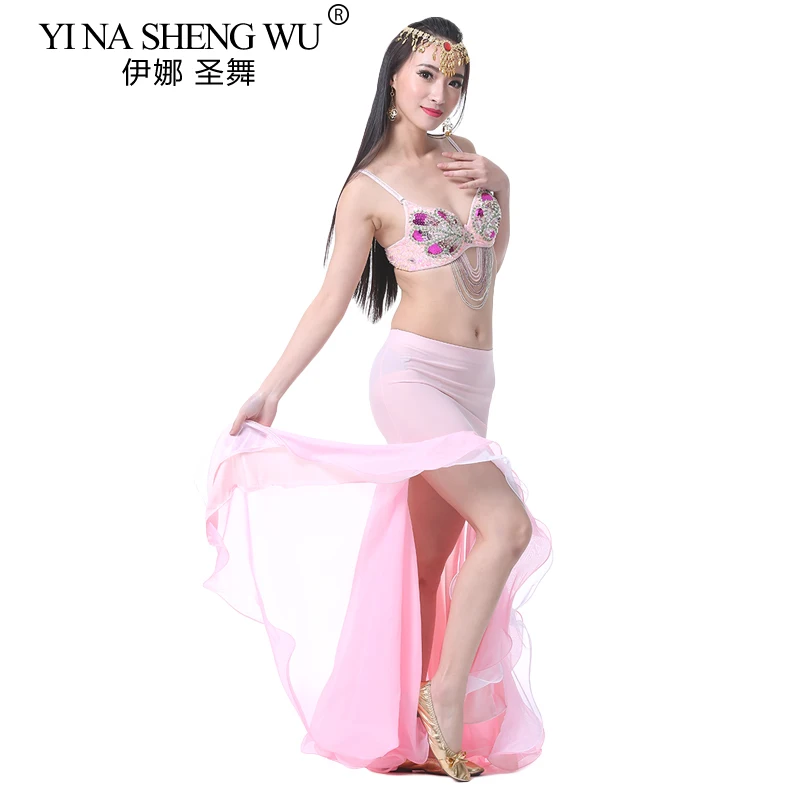 الشرقية تنورة رقص البطن الطابق طول مثير الرقص الشرقي كريستال القطن مزدوجة الشق تنورة تنورة رقص شرقي للنساء 9 ألوان