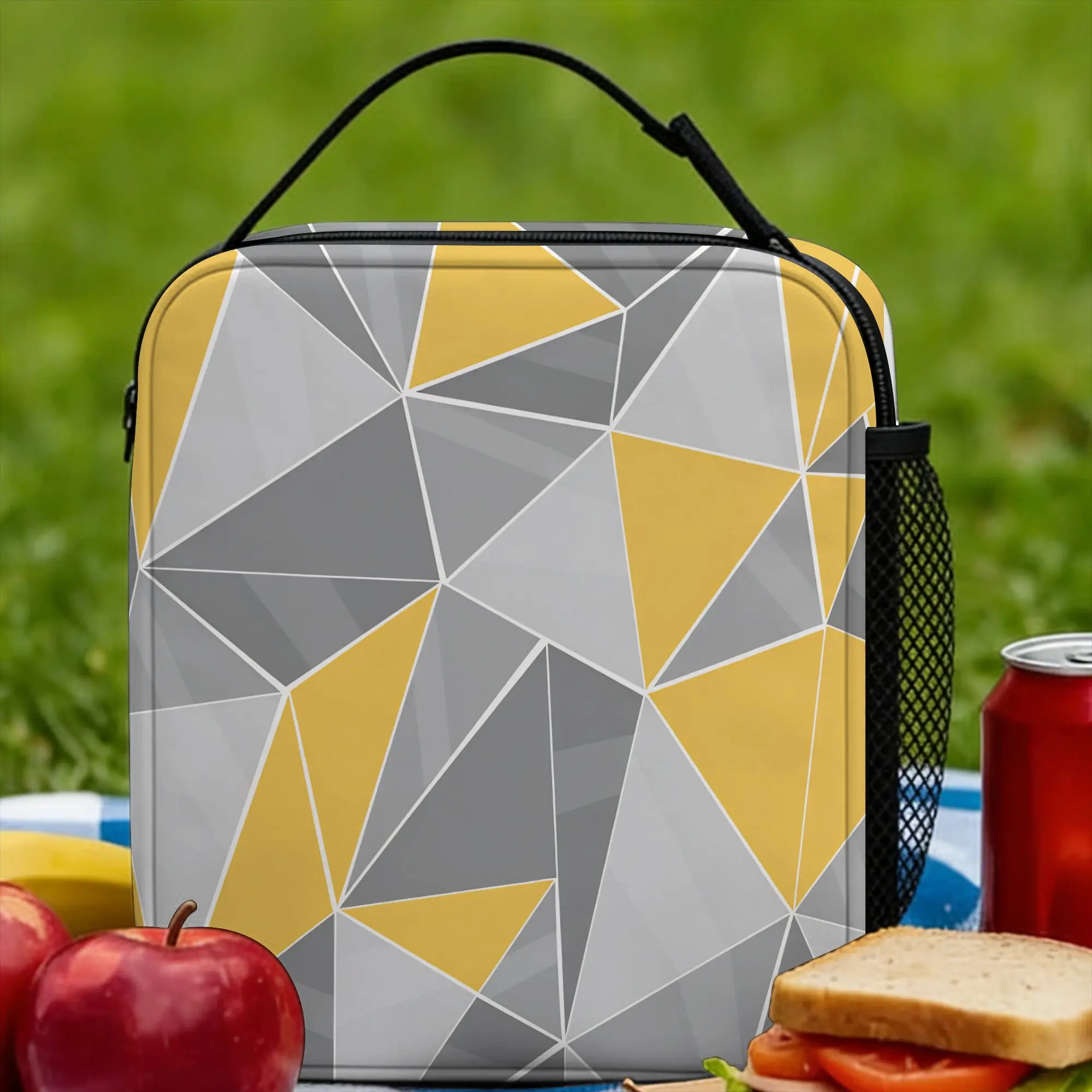 Yellow Grey Geometric Lunch Bag  Aesthetic Lunch Box Picnic Convenient Tote Food Bags For Unisex Oxford Print Cooler Bag