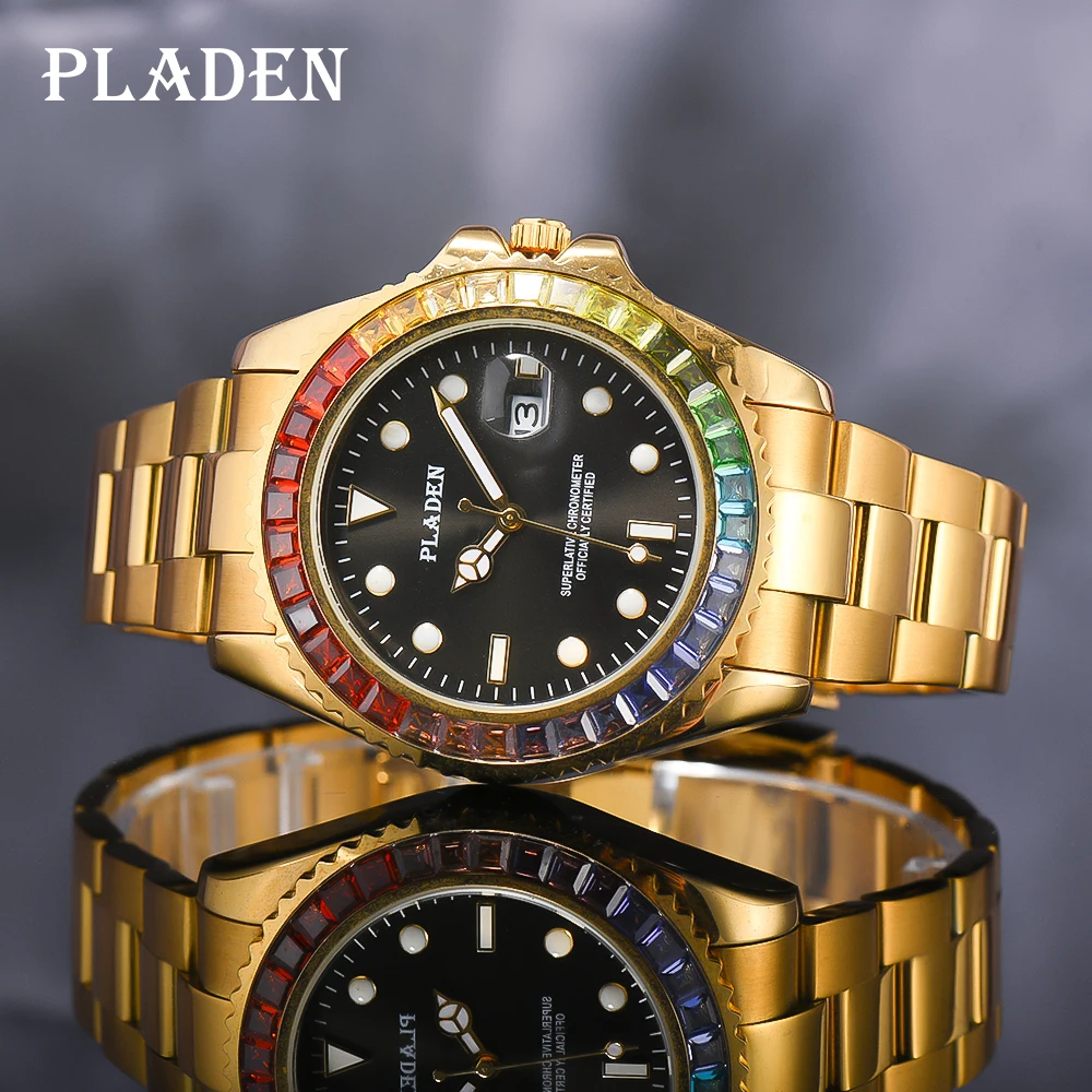 【With Leather Box】PLADEN Business Men\'s Watch With Rainbow Diamond Waterproof Stainless Steel Watches Stylish Gold Clock Male