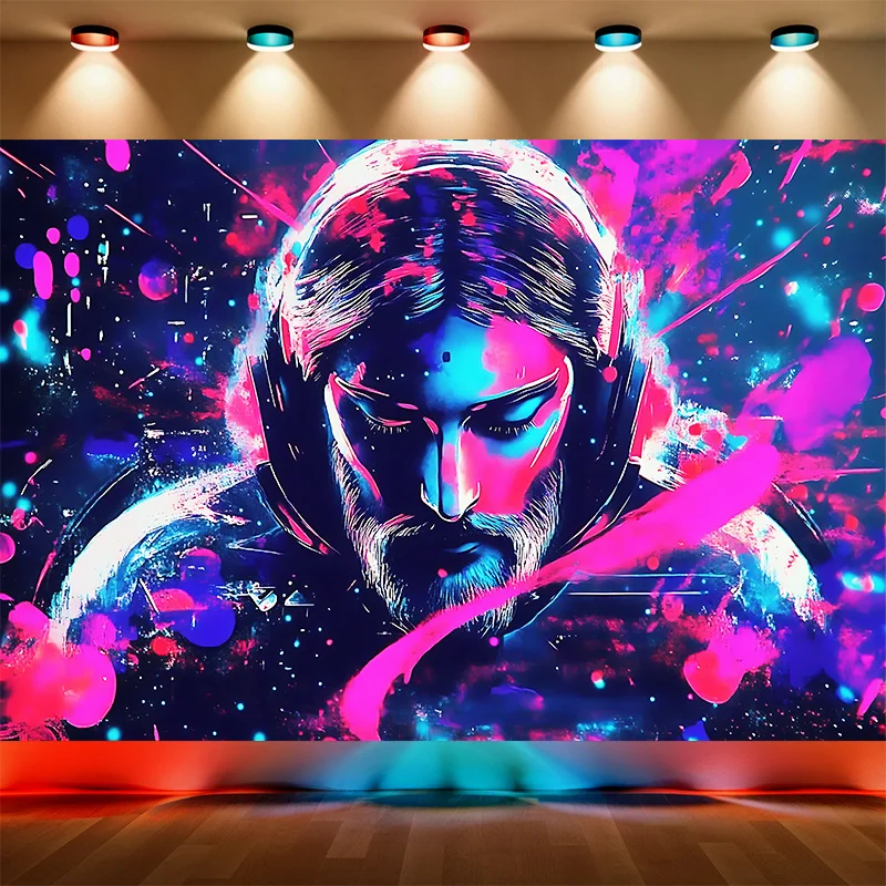 Neon DJ Tapestry, Cyberpunk Headphones Wall Hanging, Trippy Glow Art Dorm Decor, Colorful Gamer Room Blanket for Men