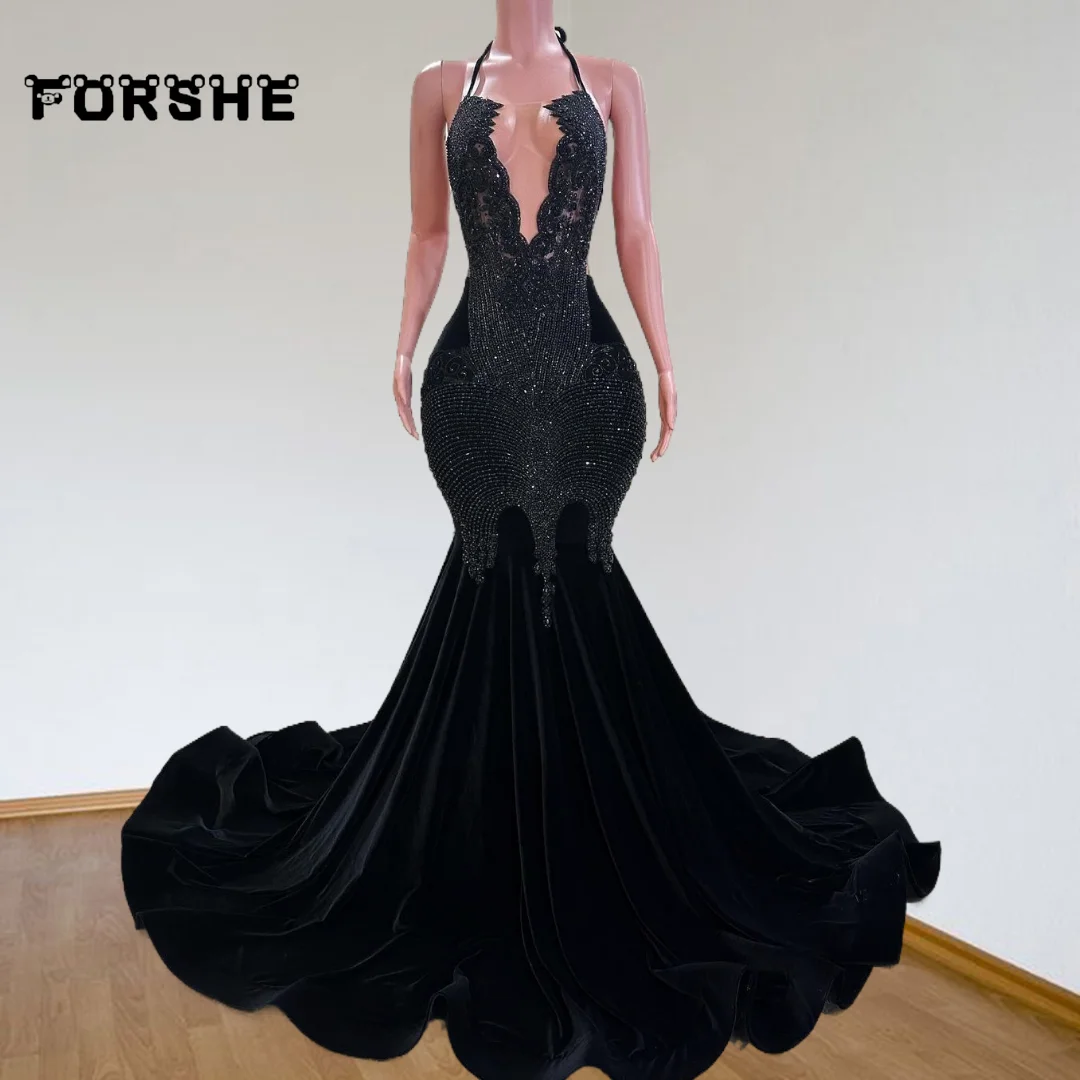 Shinny Black Prom Dresses 2024 Halter Handgemaakte Diamanten Fluwelen Zwarte Meisje Zeemeermin Party Gala Jurken