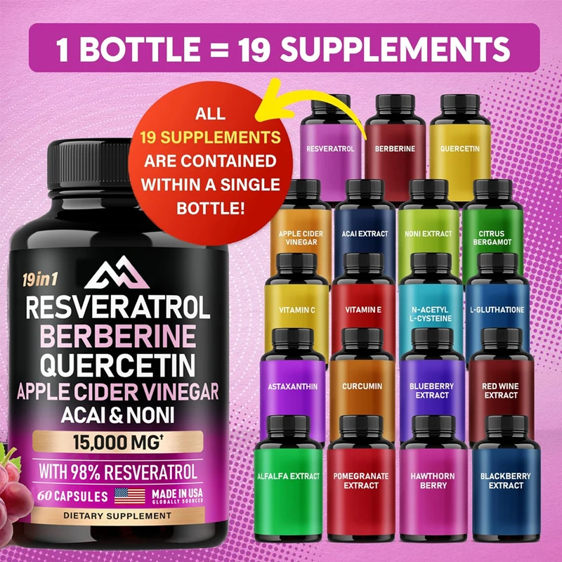 

Resveratrol 60 Capsules Supplement 15000mg 19-in-1 Organic Polyphenol Complex Astartate Quercetin Apple Vinegar Antioxidant