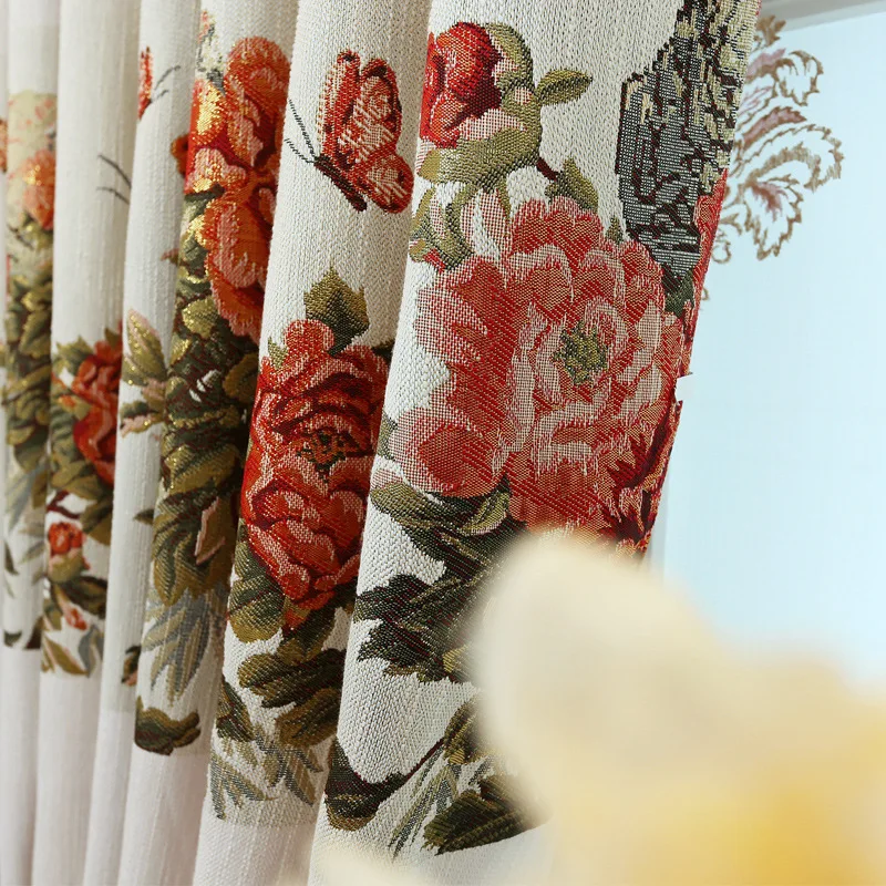 

Cotton and Linen Embroidered Jacquard Blackout Curtains Window Screens New Chinese Peony