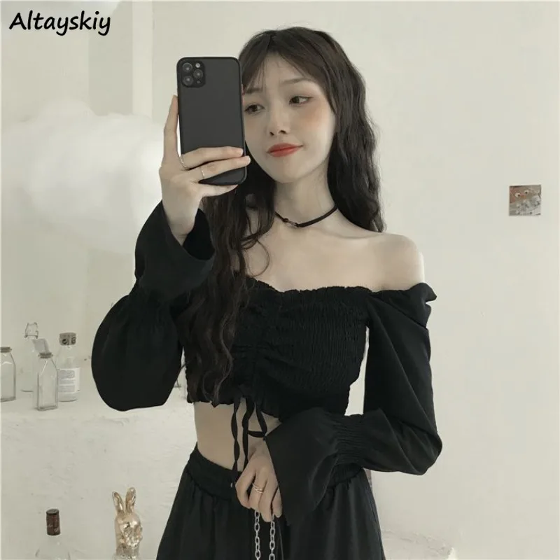 Crop Tops Blouses Women Shirring Tender Flare Sleeve Fashion All-match Spring Summer Ulzzang Gentle Holiday Casual Blusas Mujer