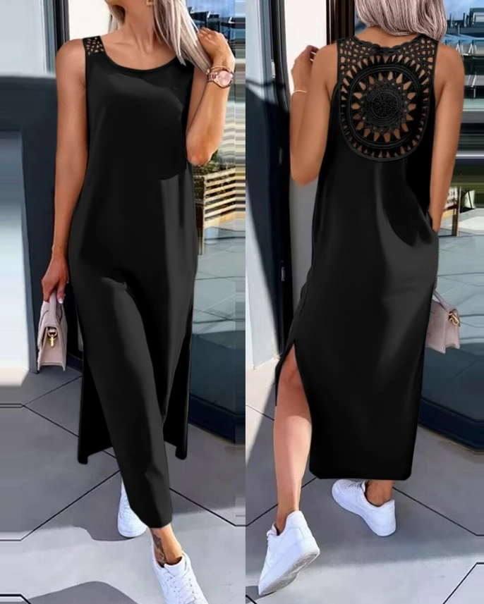 Women's dress 2024 Summer Solid Color Round neck Embroidery Lace Slit Hollow-out Sleeveless  Straight  Dress