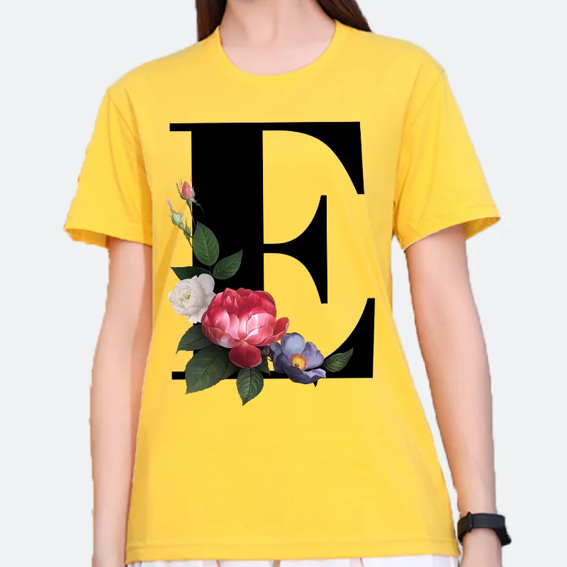 Large Size Yellow T-shirt for Men And Women with Black Fashion Trend Print of Flowers 26 English Letters Casual Short Sleeve Top