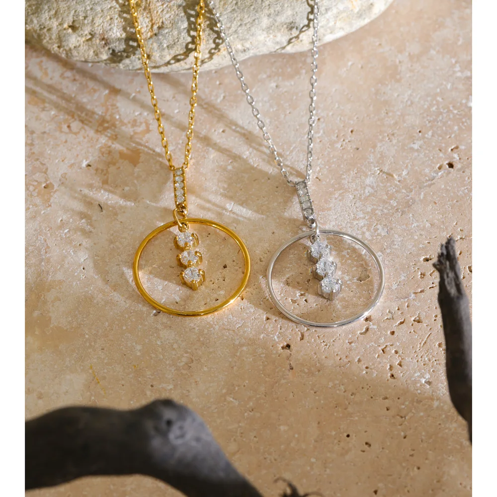 Yhpup Stainless Steel Necklace Bling Cubic Zirconia Round Hollow Pendant Delicate Women Jewelry Recommend Gift